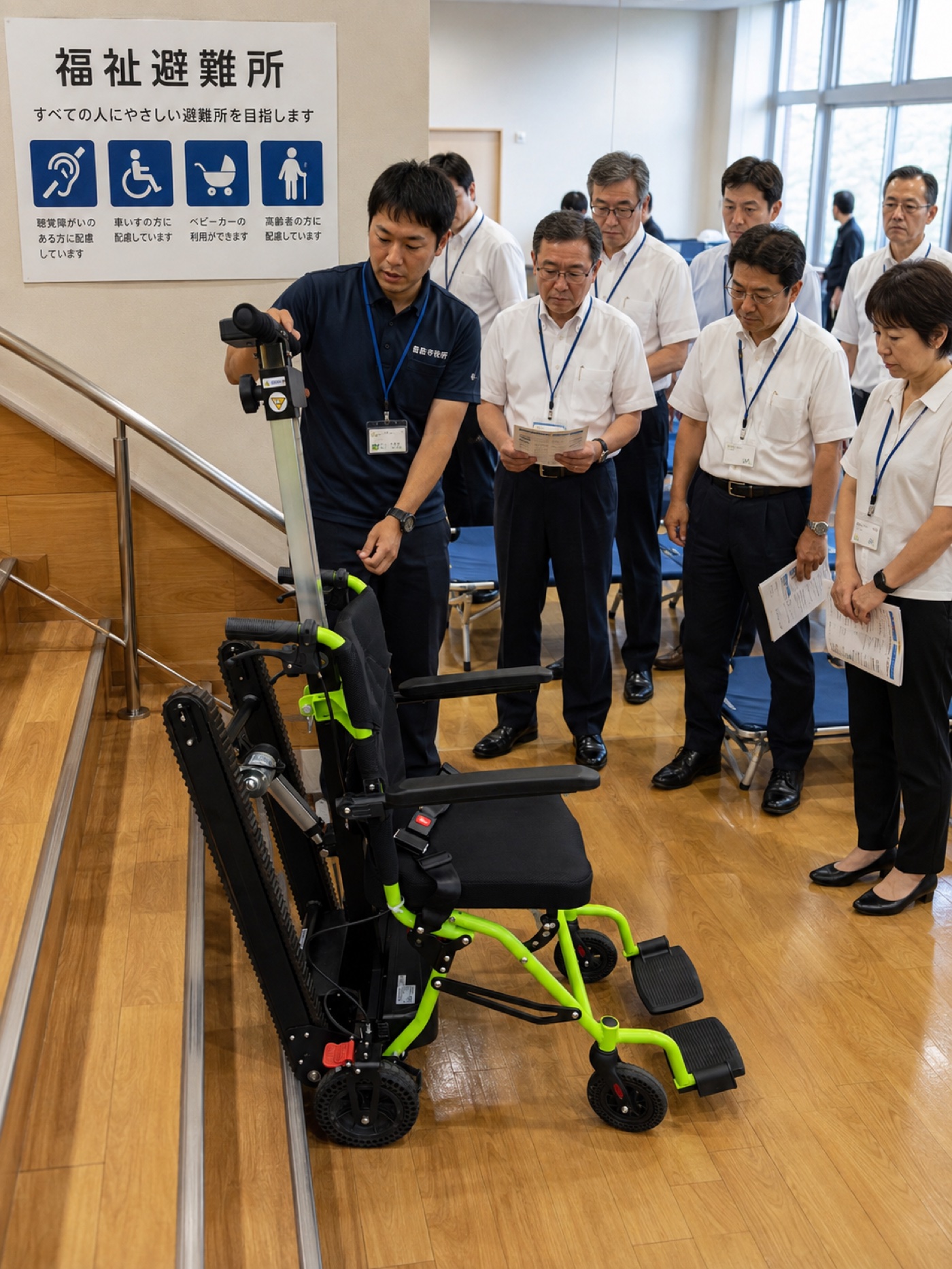 福祉避難所での自治体職員向け導入デモンストレーション：階段昇降機を使った垂直避難のデモンストレーション